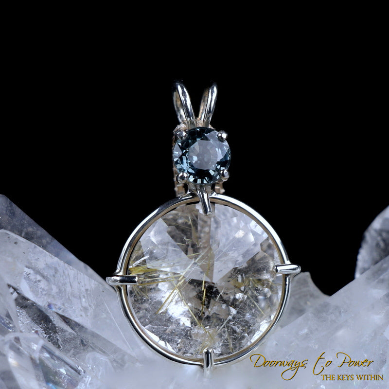 Golden Rutilated Quartz Sapphire Radiant Heart Crystal Pendant SS