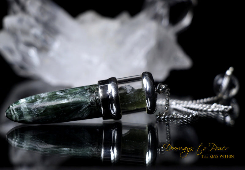 Seraphinite Moldavite Crystal Pendulum .925 SS
