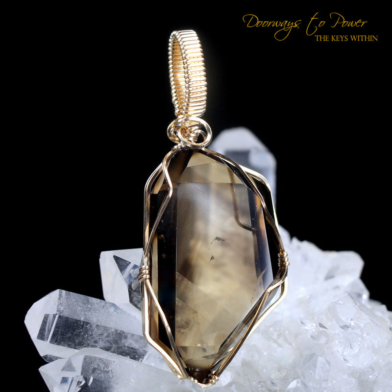 Smoky Quartz Double Terminated Phantom Quartz Crystal Pendant 14k