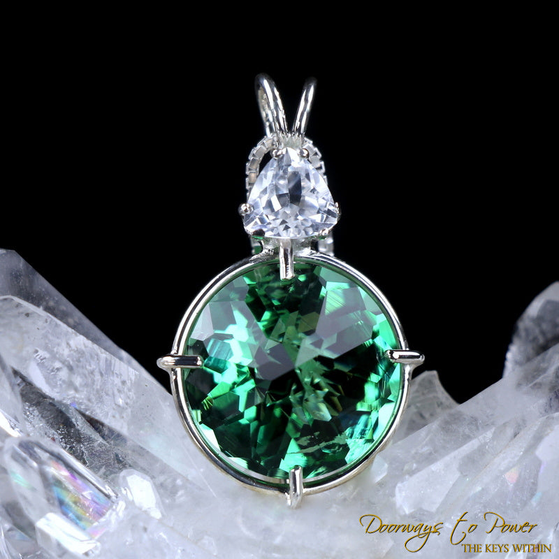 Tibetan Green Obsidian Phenacite Radiant Heart Crystal Pendant