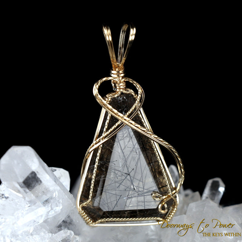 Tourmalinated Quartz Triangle Crystal Pendant 14k 'Defender'