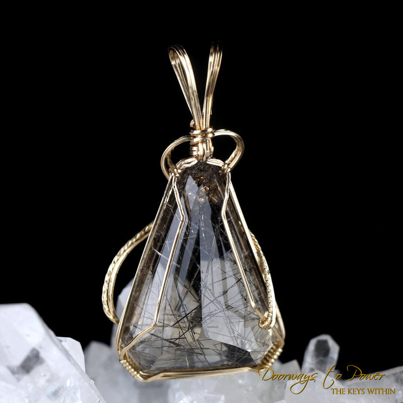 Tourmalinated Quartz Triangle Crystal Pendant 14k 'Defender'
