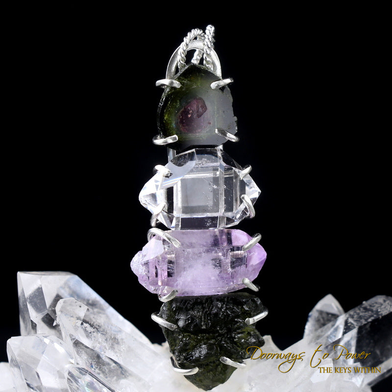 Watermelon Tourmaline Herkimer Diamond Pink Kunzite Moldavite Tektite Crystal Pendant SS .925 Sterling Silver!