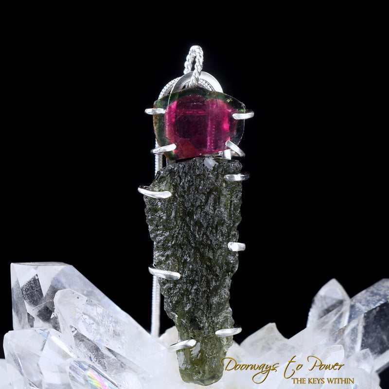 Watermelon Tourmaline Moldavite Tektite Synergy 12 Stone Crystal Pendant SS