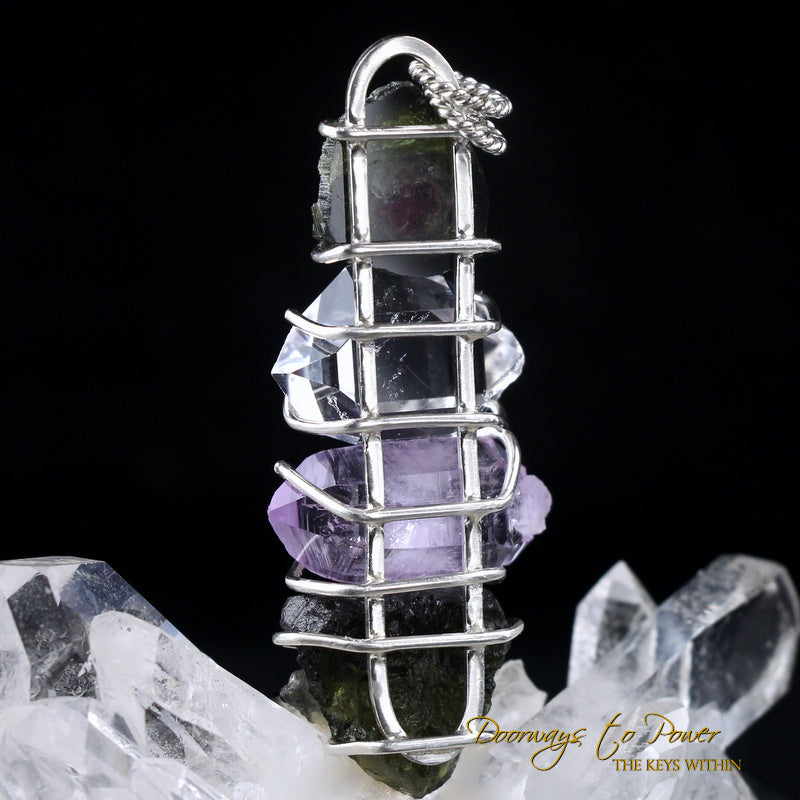 Watermelon Tourmaline Herkimer Diamond Pink Kunzite Moldavite Tektite Crystal Pendant SS .925 Sterling Silver!