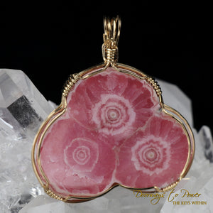 Rhodochrosite Stalactite Trio Crystal Pendant 14k