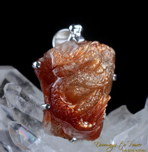 Sunstone Crystal Dragon Pendant Hand Carved SS 'Pure Manifestation'
