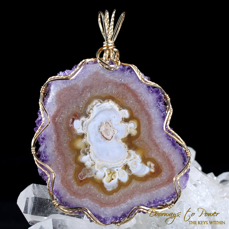 Amethyst Quartz Stalactite Flower Crystal Pendant in 14k