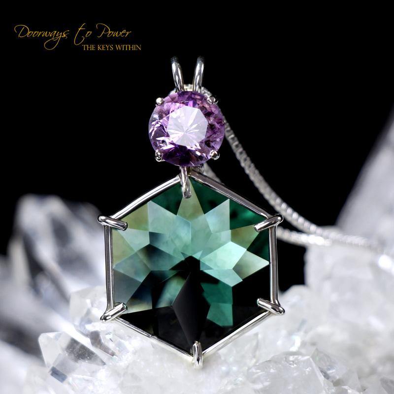 Siberian Green Quartz & Amethyst Flower of Life Pendant