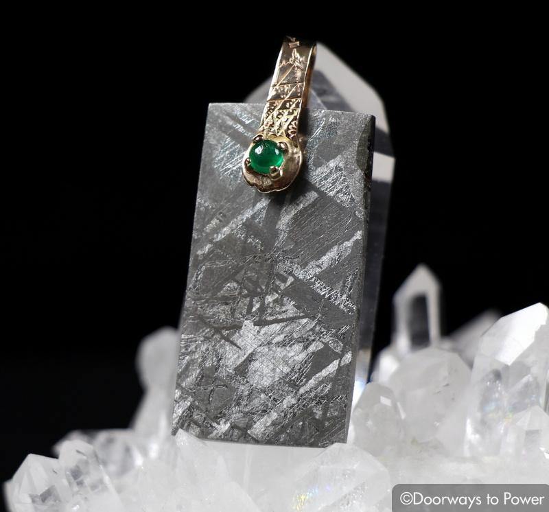 Light Language Pendant Gibeon Meteorite & Emerald 14k Gold 