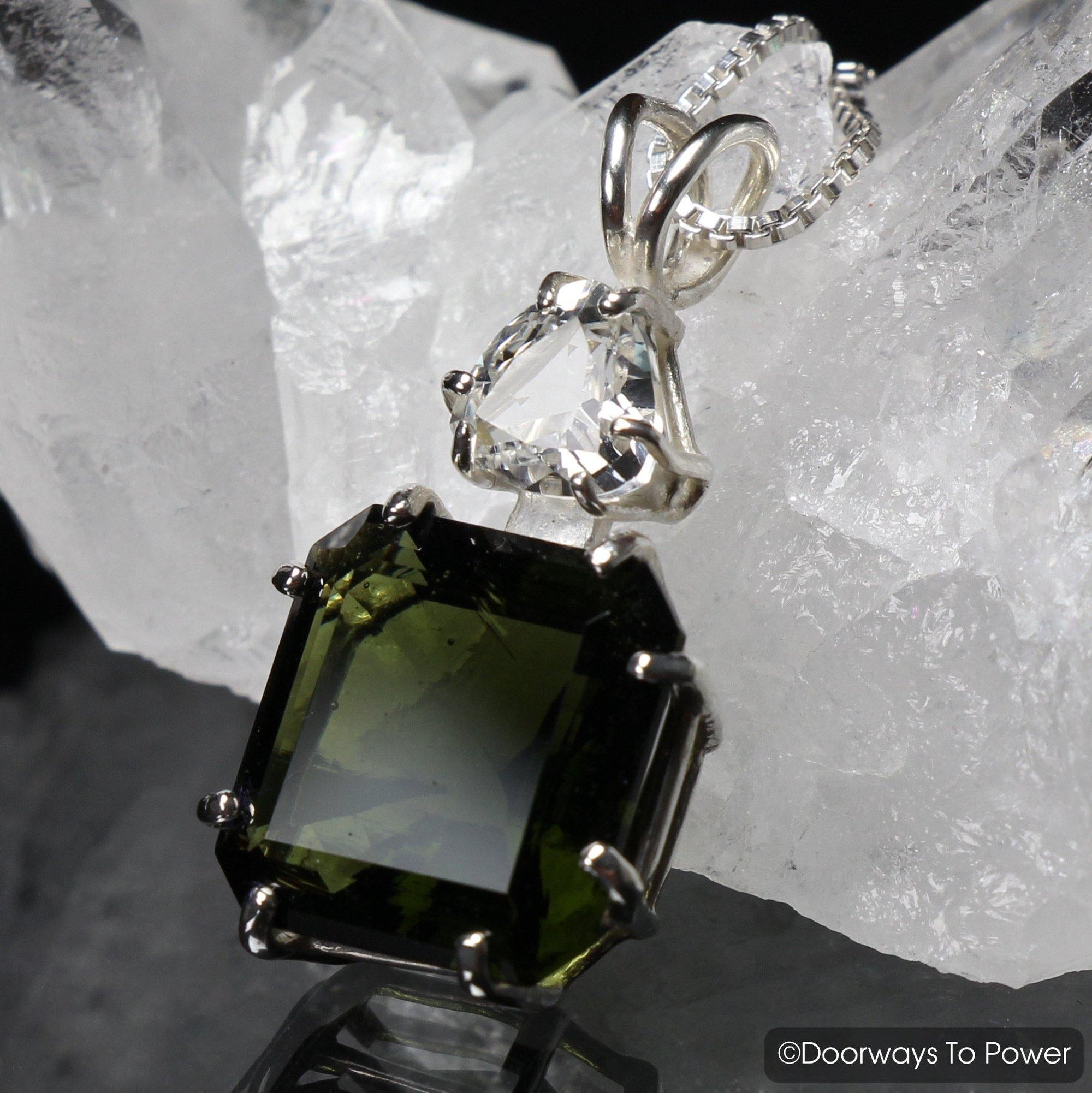 Moldavite Earth Heart Crystal Pendant with Phenacite