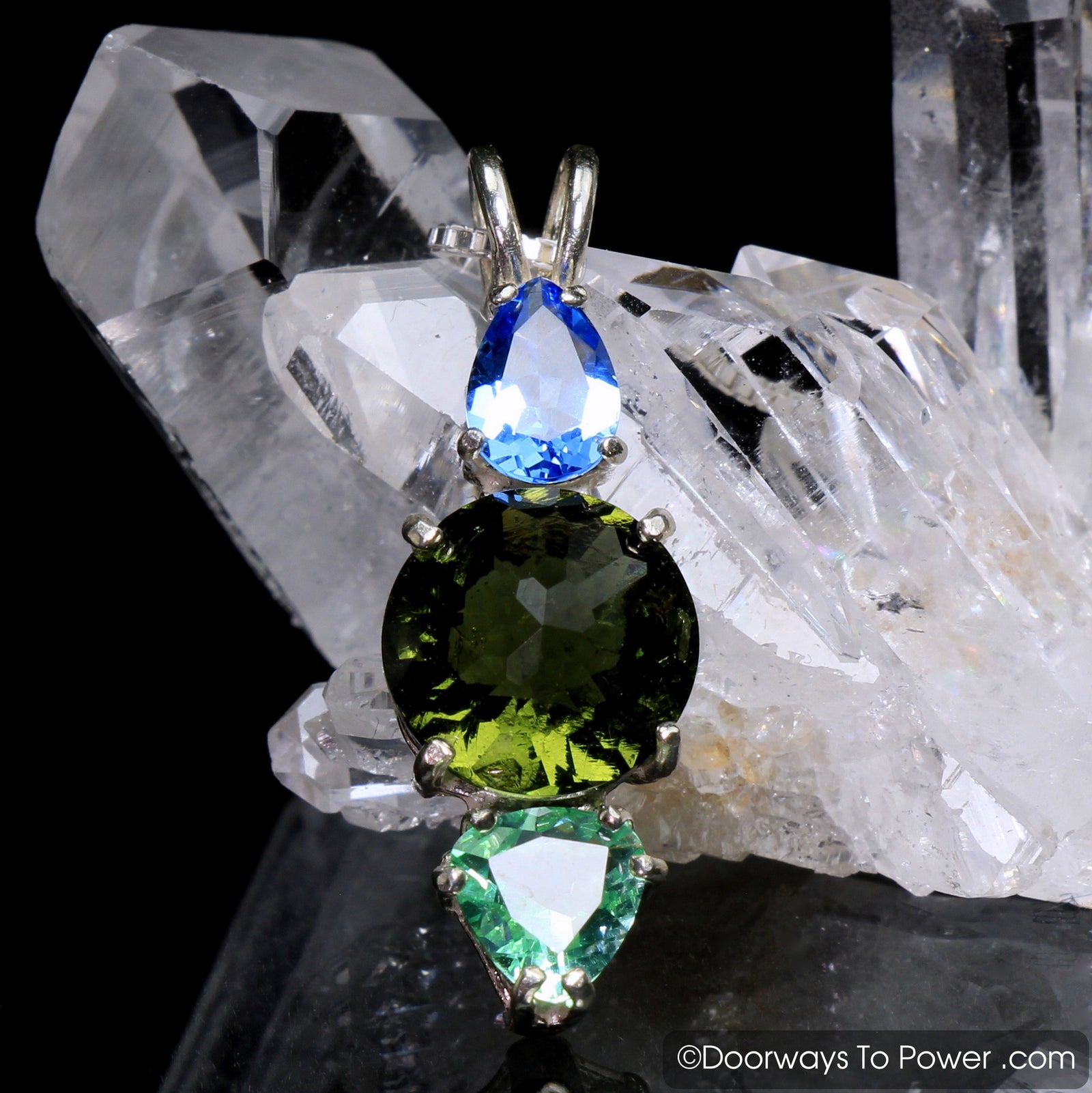 Mini Radiant Heart Pendant Tibetan Blue Obsidian, Moldavite & Tibetan Green Obsidian .925 SS