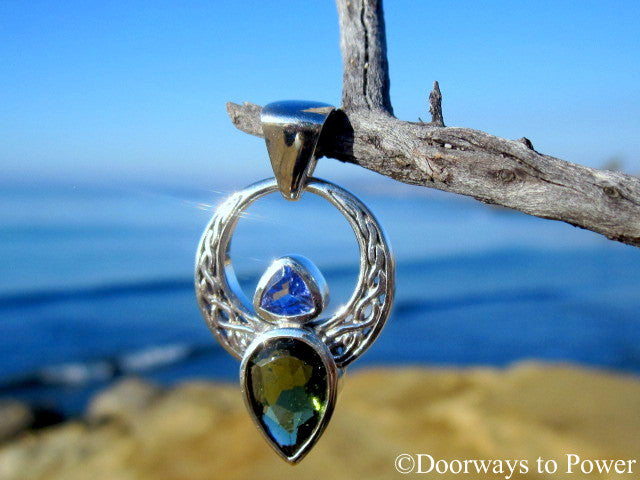 Moldavite & Tanzanite Celtic Angel Pendant .925 SS