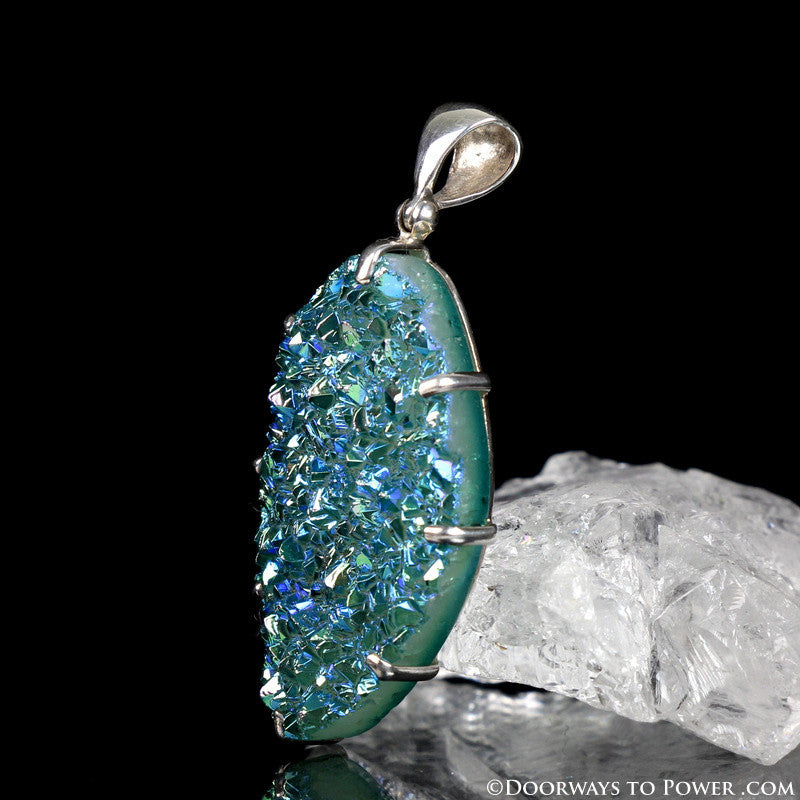 Aqua Aura Quartz Drusy Pendant Sterling Silver