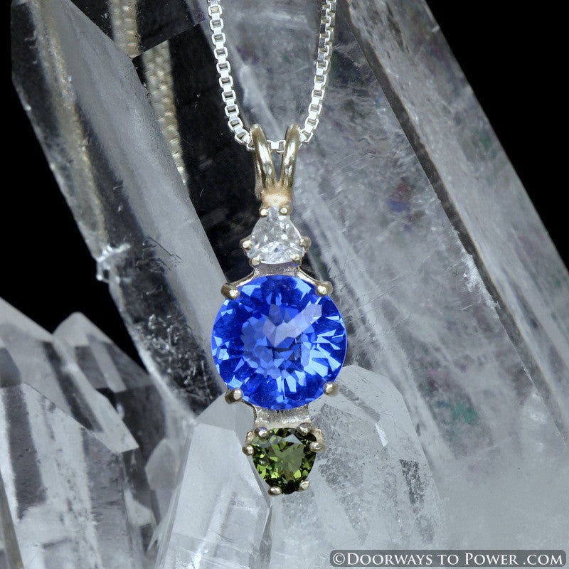 Phenacite Siberian Blue Quartz Moldavite Radiant Heart Pendant