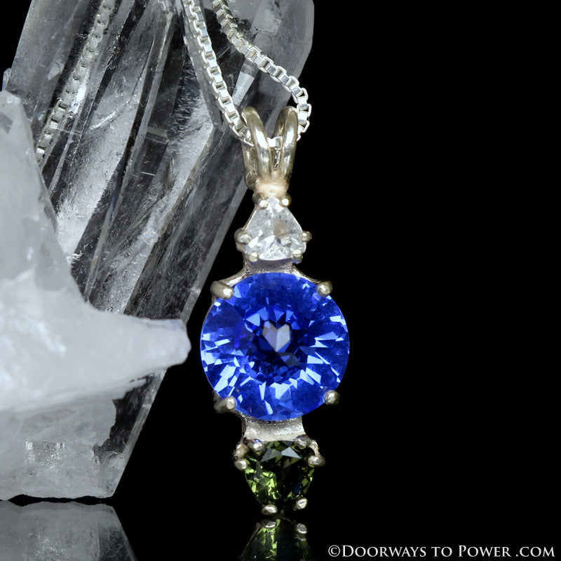 Phenacite Siberian Blue Quartz Moldavite Radiant Heart Pendant