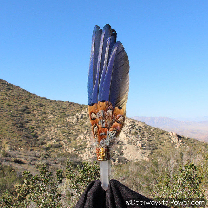 Blue Macaw Smudge Fan w/ Pleiadian Starbrary Record Keeper Crystal 13.5"