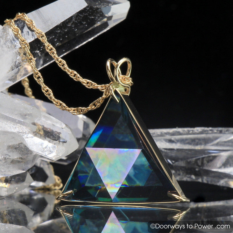 Aqua Aura Star of David Vogel Crystal Triangle Pendant 14k Gold