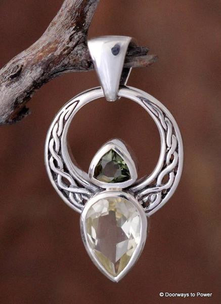 Libyan Desert Glass & Moldavite Celtic Angel Pendant .925 SS