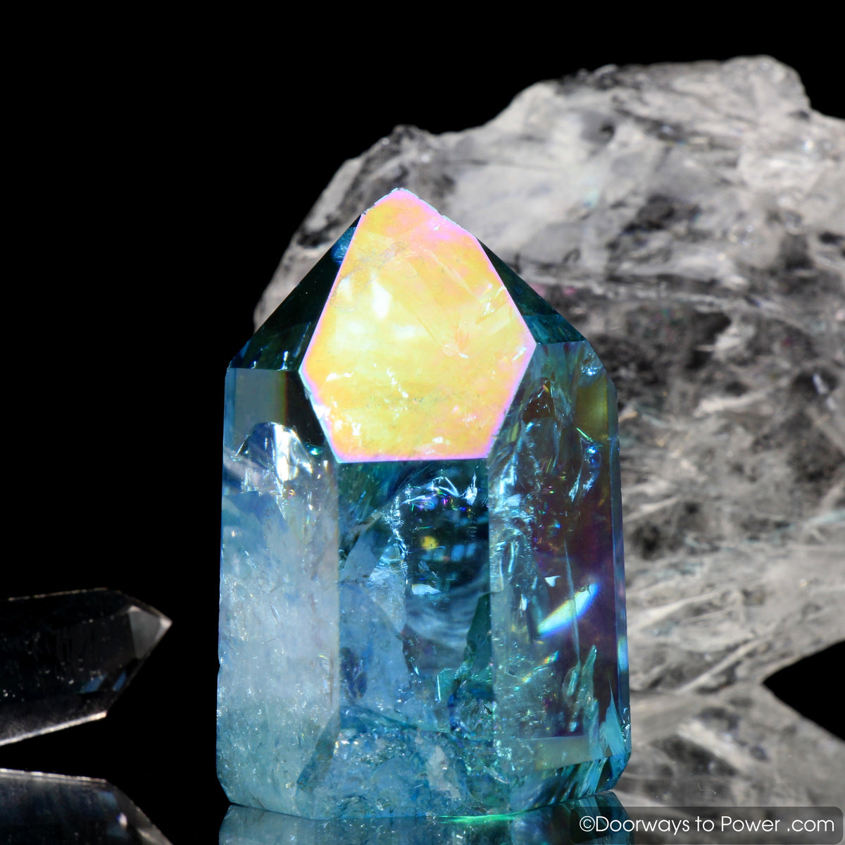 Aqua Aura Quartz Temple Heart Dow Crystal Point w/ Rainbows