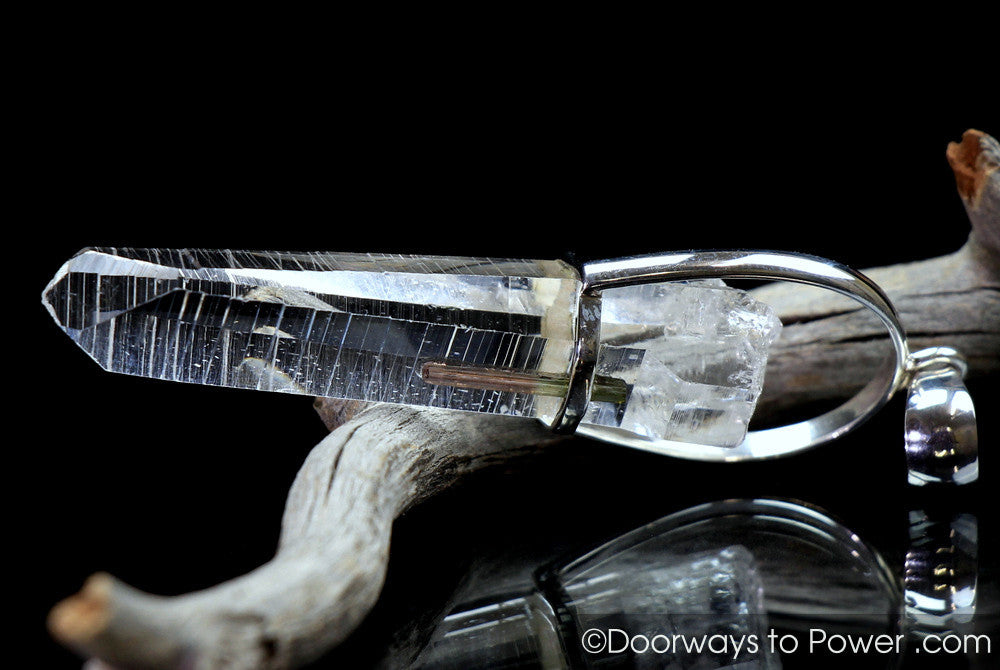 Colombian Lemurian Channeling Crystal Pendant w/ Watermelon Tourmaline .925 SS