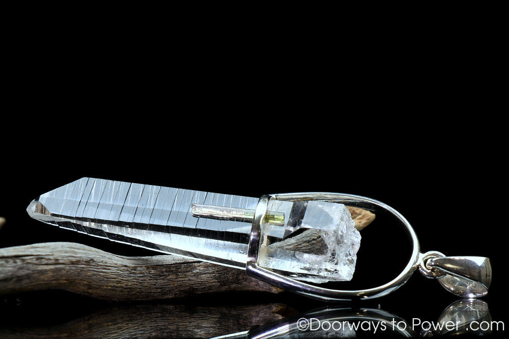 Colombian Lemurian Channeling Crystal Pendant w/ Watermelon Tourmaline .925 SS