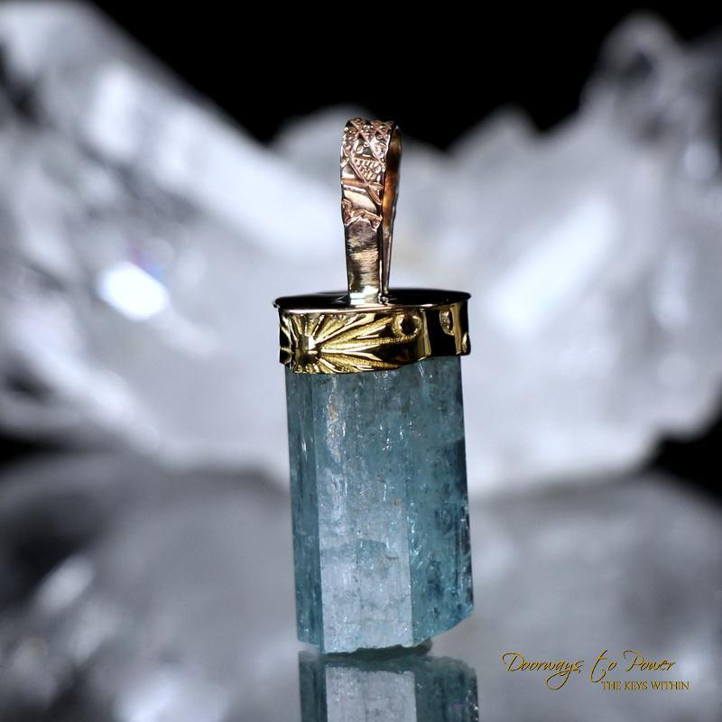 Aquamarine Light Language Crystal Pendant in 22k Gold