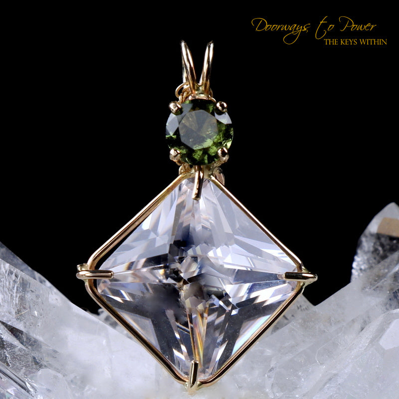 Danburite & Moldavite Magician Stone Pendant 'Luminous' 14k