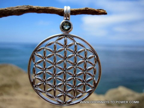 Silver Moldavite Flower of Life Pendant 