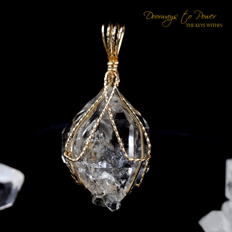 Herkimer Diamond Twin Record Keeper Crystal Pendant 14k