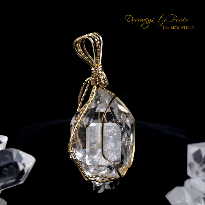 Herkimer Diamond Twin Record Keeper Crystal Pendant 14k