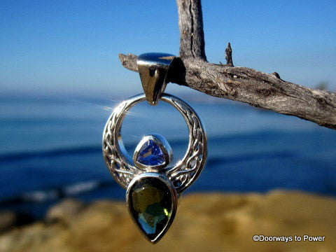 Moldavite & Tanzanite Celtic Angel Pendant .925 SS