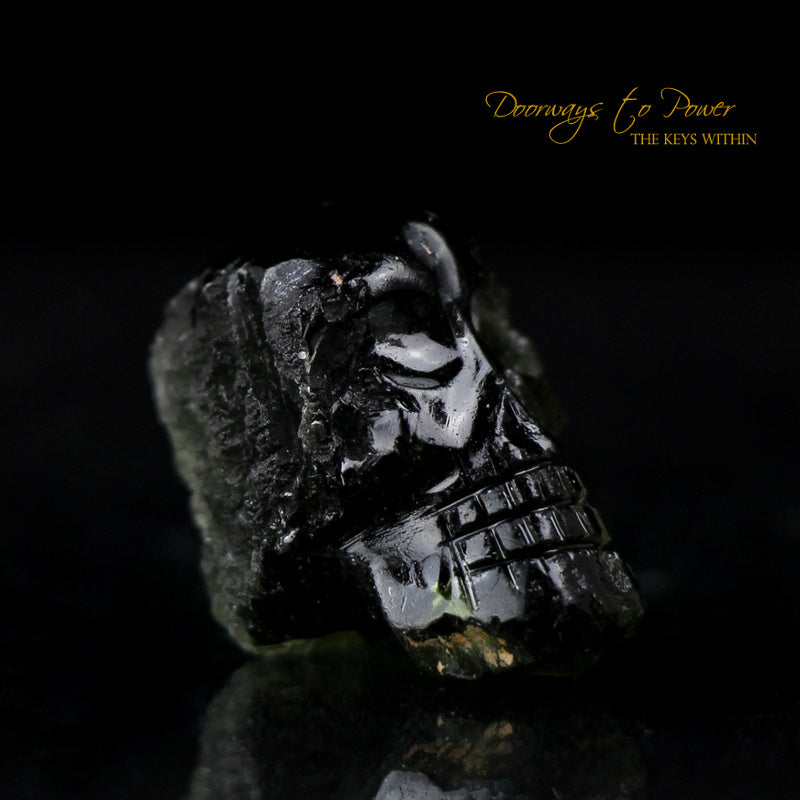 Leandro De Souza Moldavite Hand Carved Crystal Skull 'We Voyage in a Labyrinth'