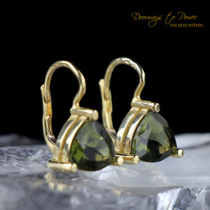 Moldavite Gemstone Crystal Earrings in 14k Gold 