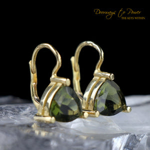 Moldavite Gemstone Crystal Earrings in 14k Gold 