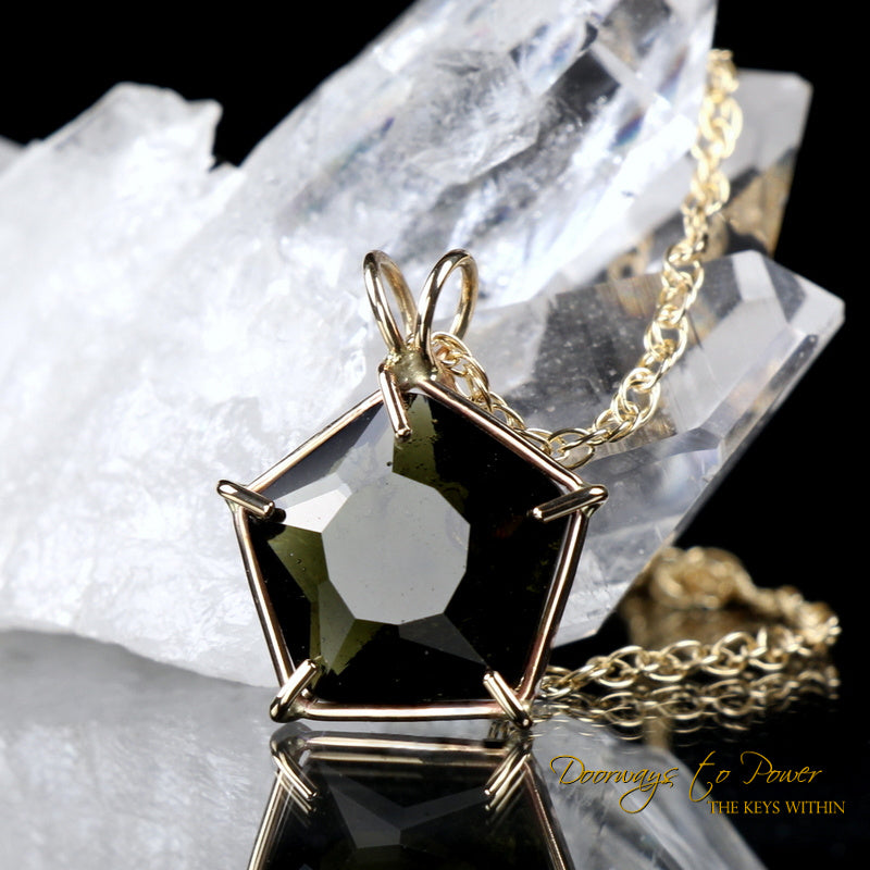 Moldavite Star of Venus Crystal Pendant 14k 