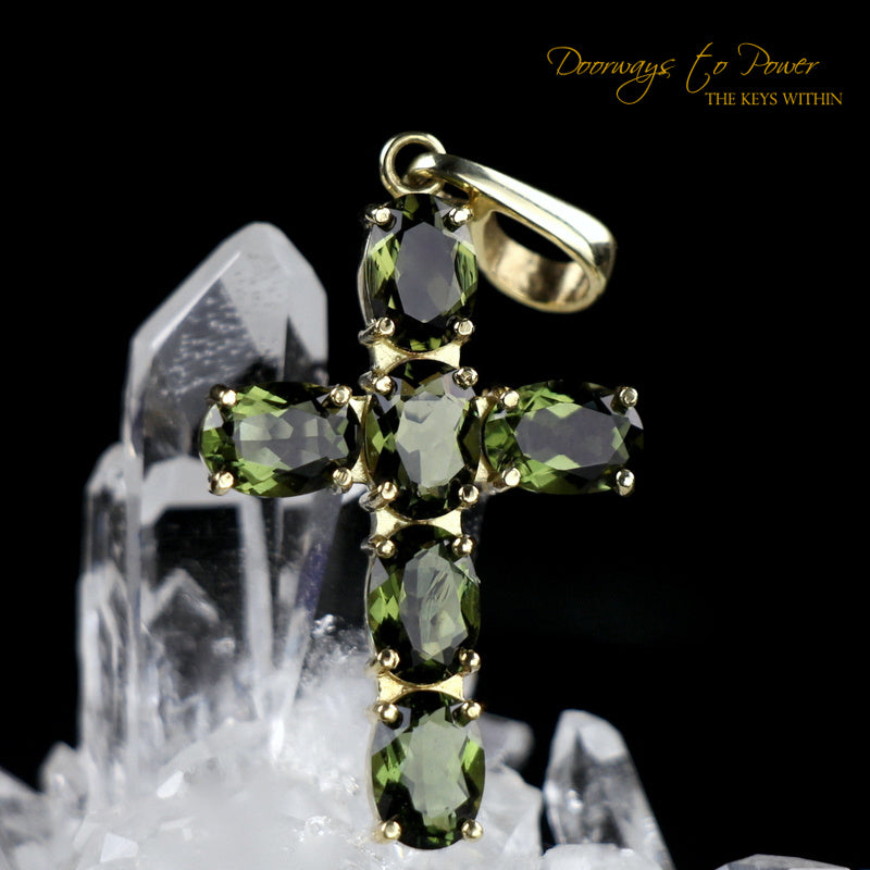 Moldavite Tektite Cross Pendant in 14k Gold