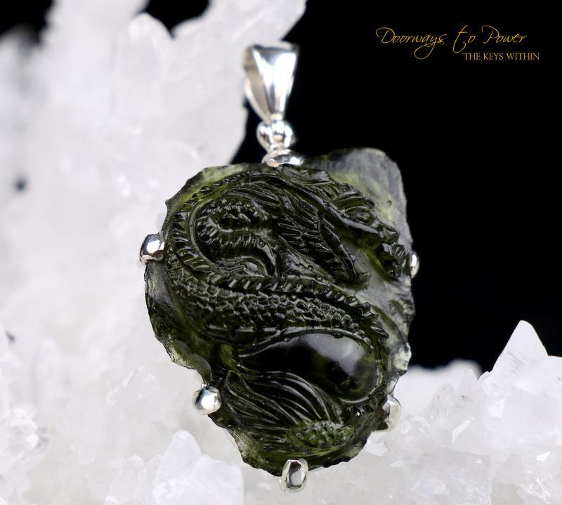 Moldavite Dragon Pendant Hand Carved