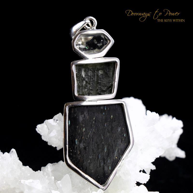 Nuummite Moldavite Herkimer Diamond Pendant