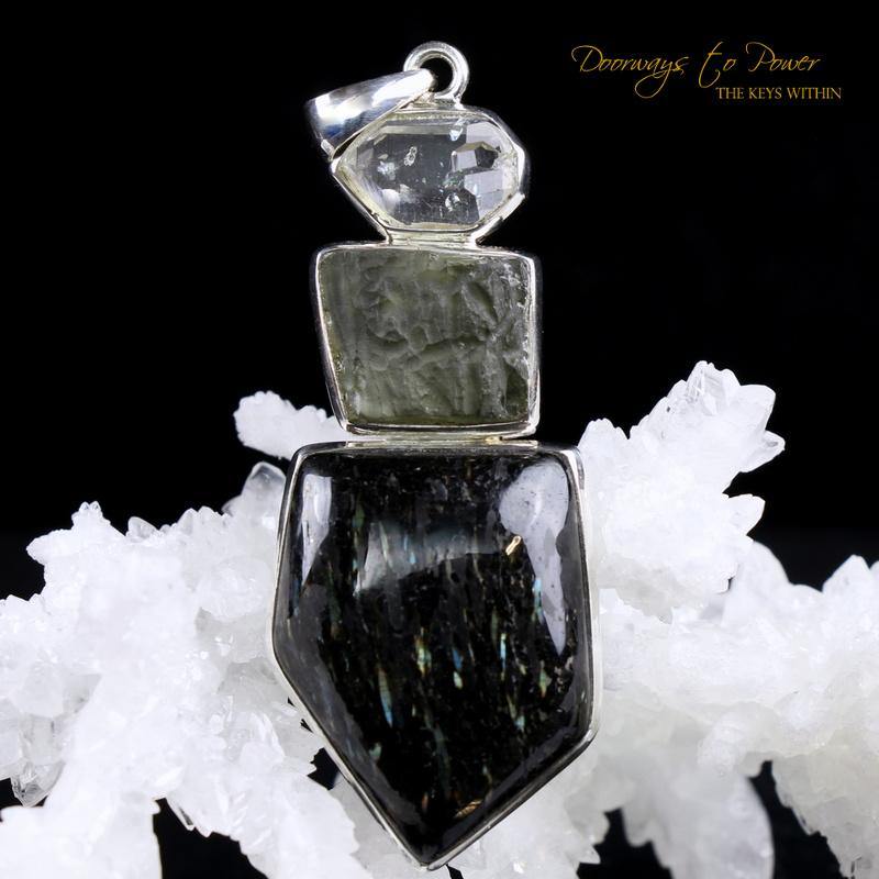 Nuummite Moldavite Herkimer Diamond Pendant