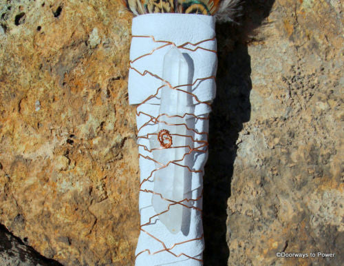 Peacock Tail Feather Smudge Fan - Quartz Crystal