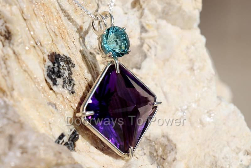 Siberian Purple Quartz Magician Stone Pendant w/ Tibetan Blue Obsidian