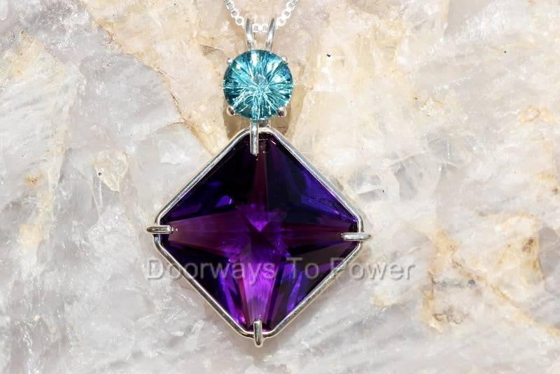Siberian Purple Quartz Magician Stone Pendant w/ Tibetan Blue Obsidian