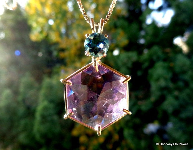 Ruby Lavender Quartz Flower of Life Pendant w/ Tibetan Blue Obsidian