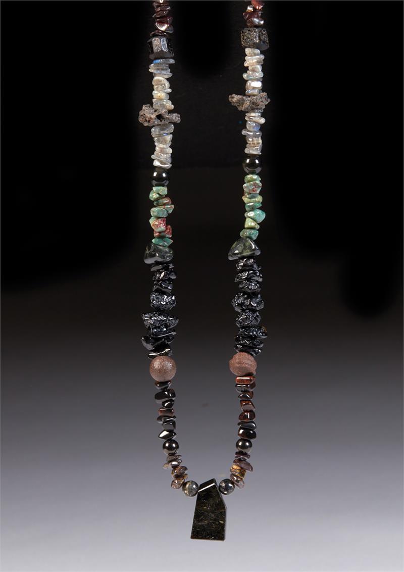 Shamanic Journeyer Crystal Energy Necklace Contains Nuummite, Labradorite, Healer's Gold, Tiger Iron, Shaman Stone, Tibetan Tektite, Nebula Stone, Dragon Blood Jasper, Fulgurite, Rainbow Obsidian, Jet, Spider Jasper and Black Tourmaline