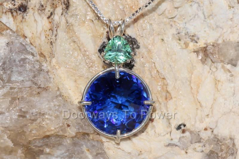 Tibetan Blue Obsidian Radiant Heart Pendant w/ Tibetan Green Obsidian