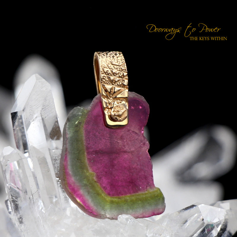Watermelon Tourmaline Light Language Crystal  Pendant 14k