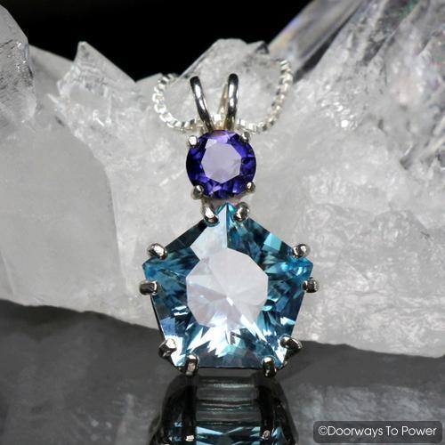 Blue Topaz Star of Venus Crystal Pendant with Iolite