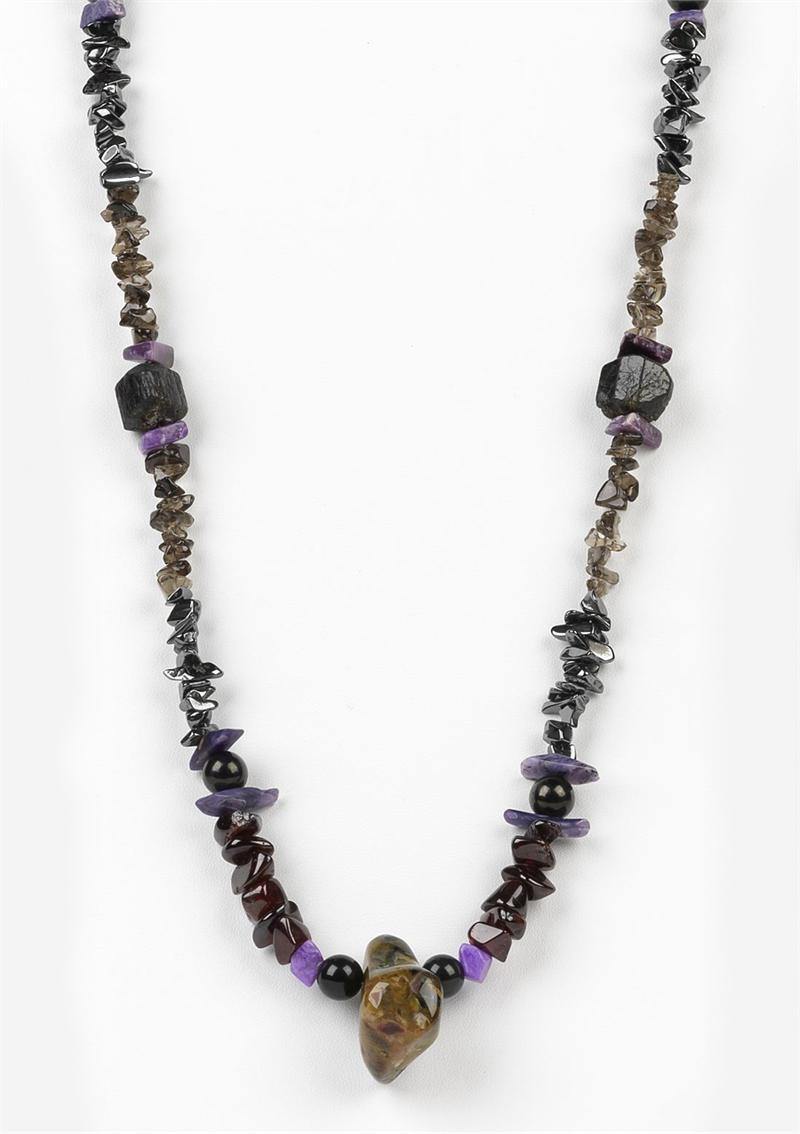Pietersite, Black Tourmaline, Garnet, Obsidian, Jet, Hematite, Smokey Quartz, Sugilite, Charoite crystal energy necklace