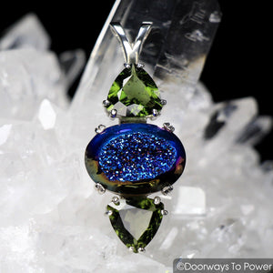 Titanium Aura Druzy Crystal Pendant with Moldavite Gemstones